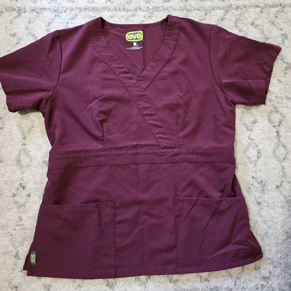 Ave Burgundy Maroon Scrub Top with Cinch Waist Size Medium